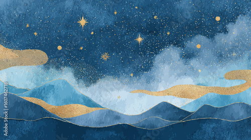 A grunge background featuring a dark blue night sky filled with abstract stars and a hint of distant galaxies