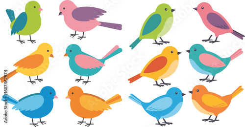 Colorful Cartoon Birds Illustration Featuring Variety of Bird Species and Vibrant Colors on a Clean White Background Depicting Various Angles