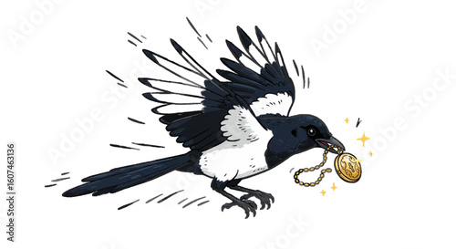 A magpie stealing shiny object, vector mischief style, white background