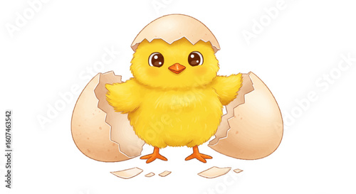 A baby chick breaking egg, vector cute hatching art, white background