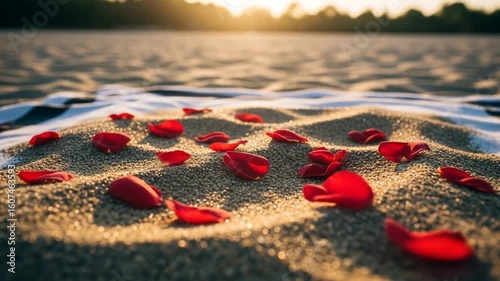 Romantic Red Rose Petals on Beach Sand at Sunset