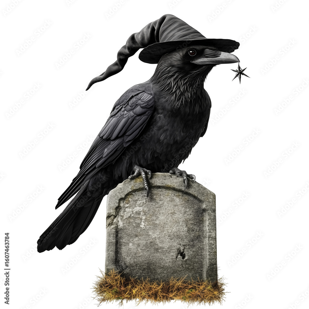 Obraz premium Black raven standing proudly wearing a tiny fedora, elegant pose, crisp white backdrop, on transparent png background. Ai generated