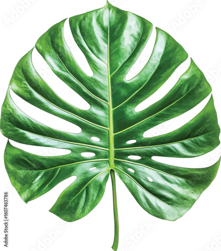 Vibrant green monstera leaf with fenestrations and central stem tropical plant