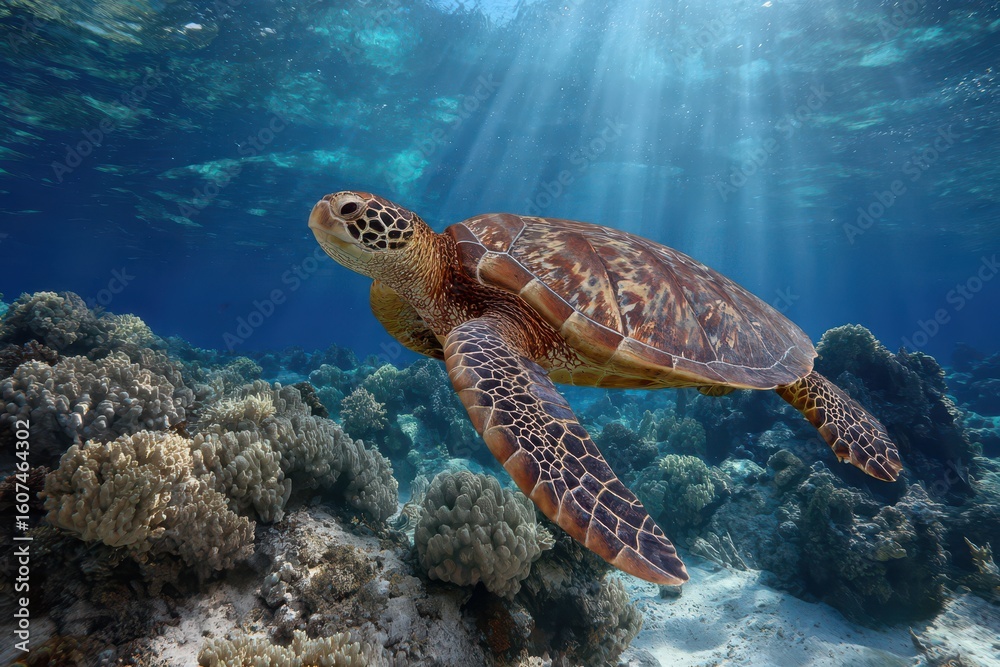 Obraz premium Majestic sea turtle glides gracefully through sunlit coral reef waters