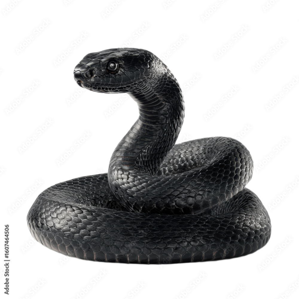 Fototapeta premium Black snake is curled up on a white background