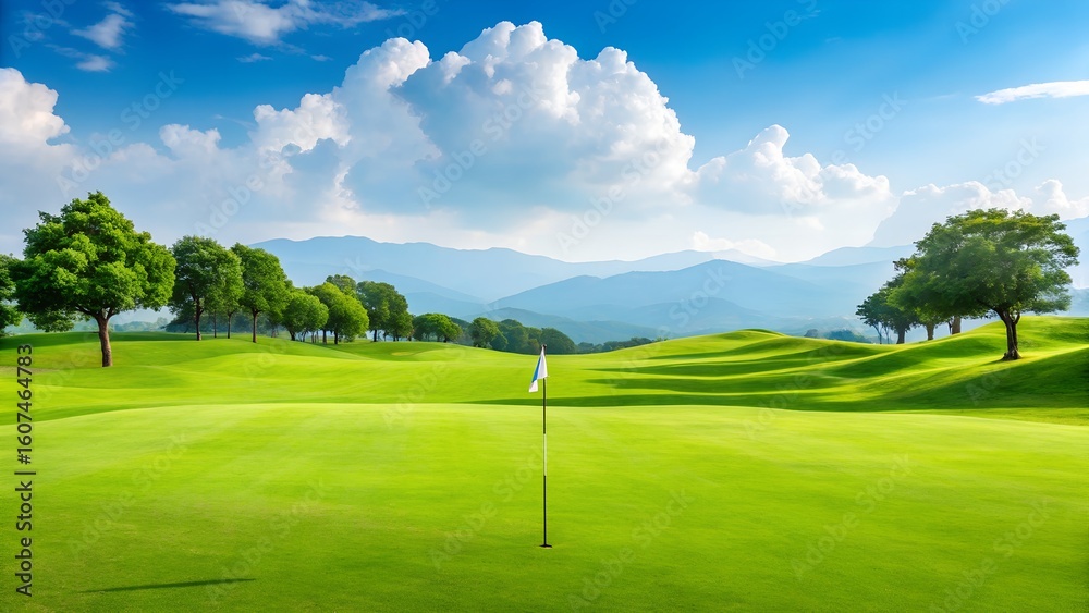 Naklejka premium Stunning golf course landscape with bright sky and lush green fairway