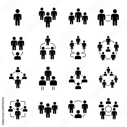 Silhouette vector Illustration icons pack depicting various arrangements of human figures representing groups and social connections networks