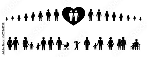 Silhouette vector Illustration of diverse family structures with people of different ages and configurations in black