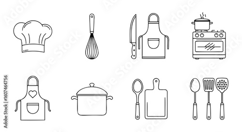 Vector line art style of kitchen utensils and cooking equipment including chef hat and apron in black style