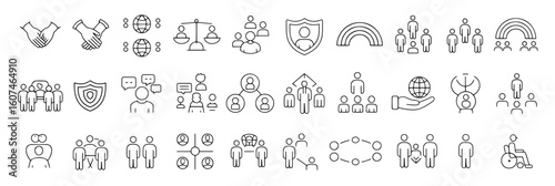 Vector Illustration showing various social and organizational concepts represented by stick figures and symbols in black