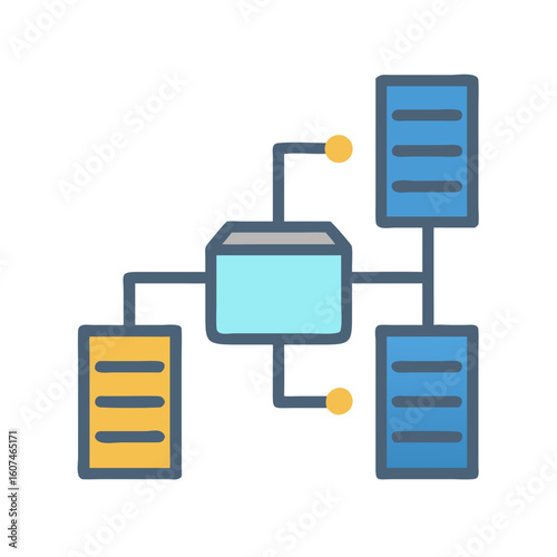 Stylized schematic network data storage representation with connected servers