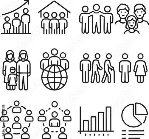 Population Demographics Icons Set, People Statistics Vector Line Art Collection