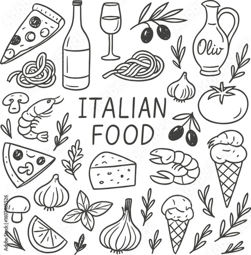 Italian Food Vector Set, Pizza Pasta Cheese Wine Doodle Collection