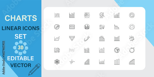 Thirty editable vector linear icons depicting various chart types, including bar graphs, line graphs, pie charts, and more.