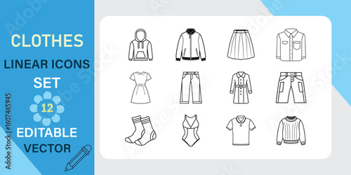 Twelve linear icons depicting various clothing items hoodies, jackets, dresses, skirts, pants, shirts, socks, and more. 
