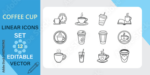 Coffee Cup Linear Icons Set Editable Vector Graphics Design