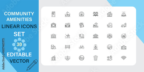 Thirty editable vector linear icons depicting various community amenities, including buildings, services, and facilities. 