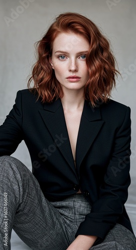 Sophisticated Charm: A portrait of a confident woman with flowing red hair in a stylish business attire, exuding elegance and poise.