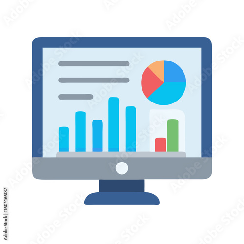 Computer screen showing data visualization bar and pie charts