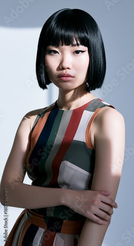 Asian Beauty in Fashion: A stunning asian woman poses with poise. Dressed in stylish apparel, she's a picture of confidence and natural beauty.