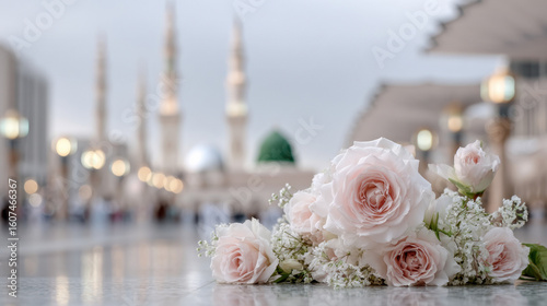 Fototapeta Naklejka Na Ścianę i Meble -  Elegant pink roses and mosque minarets in tranquil cityscape. Mawlid al-Nabi Islamic