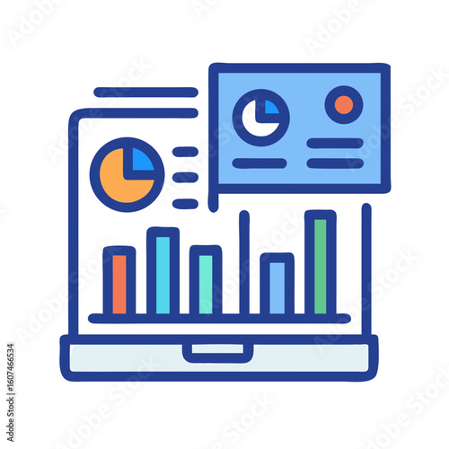 Laptop displaying financial data analysis and insights illustration