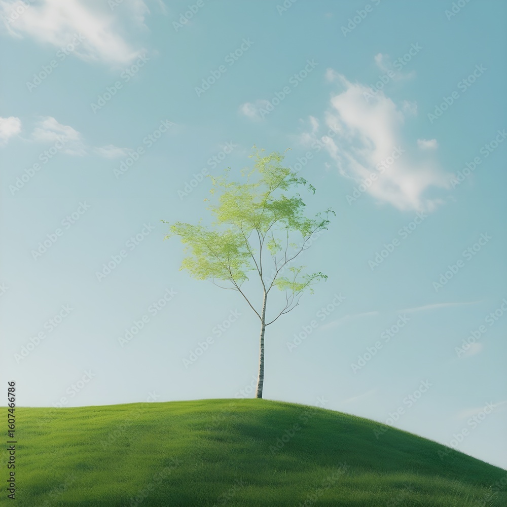 Fototapeta premium Minimalist natural landscape with a solitary young tree on a rolling green hill under a serene blue sky, a symbol of hope and growth.