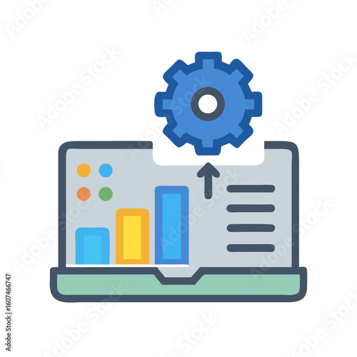 Laptop with data graph and gear for development tools