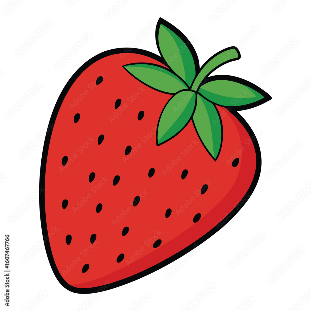 Obraz premium Red strawberry with green leaves and black seeds fruit