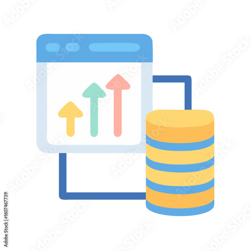 Growth chart on computer screen next to database storage