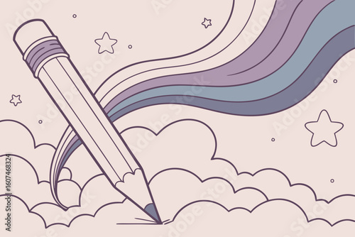 Illustration of a pencil drawing a rainbow in the sky with clouds and stars in a dreamlike scene