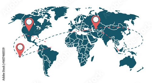 World map with travel routes and location pins global