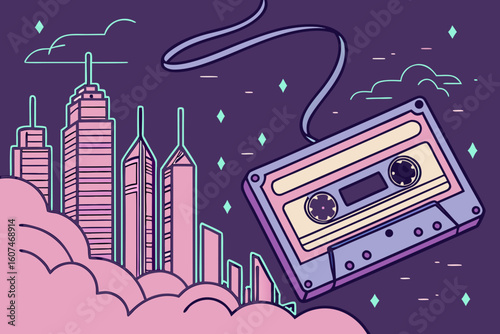 Illustration of a cassette tape floating above a city skyline at night with clouds and stars in the sky