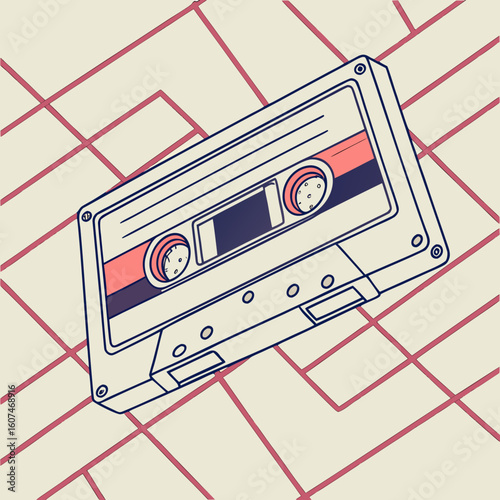 Angled view of a cassette tape with red and blue accents over a grid pattern background design
