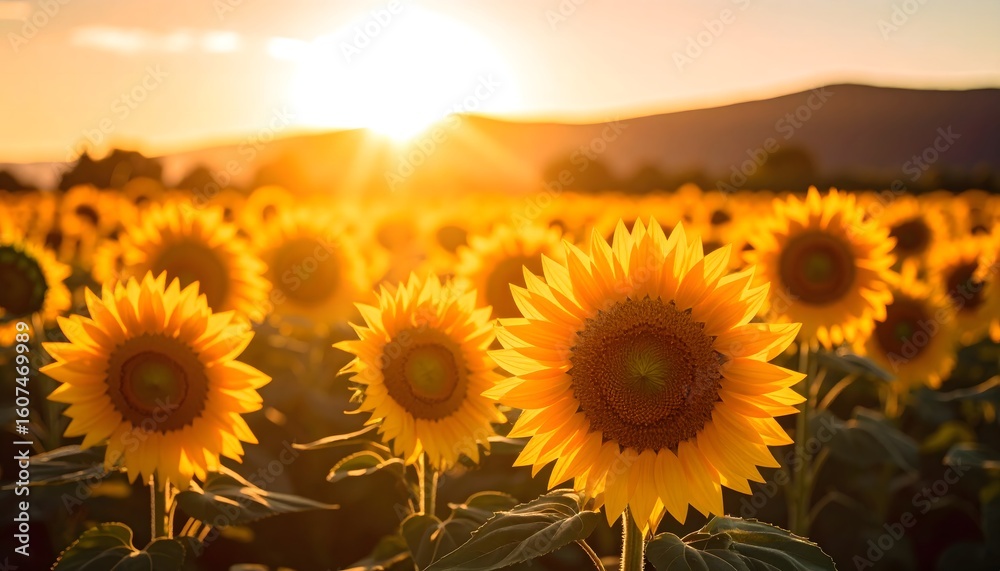 Fototapeta premium Sunflowers glow brightly at sundown