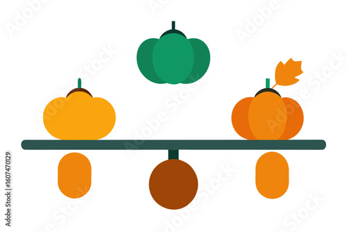 Stylized autumn harvest display with pumpkins and gourds on a shelf