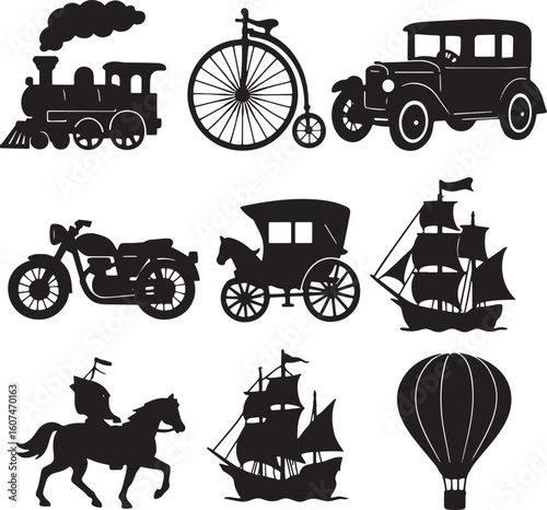 Vintage Transportation Silhouettes – Set of Retro Vehicles and Classic Travel Icons