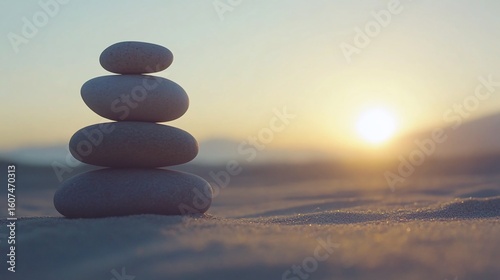 Zen stones balance on sand against a soft sunset backdrop at the beach