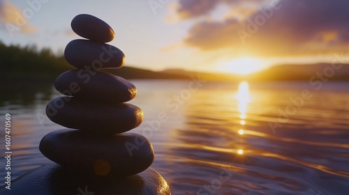 Stacked stones on the water at sunset with a beautiful orange reflection