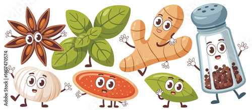 Cute cartoon collection of anthropomorphic spices and herbs with faces