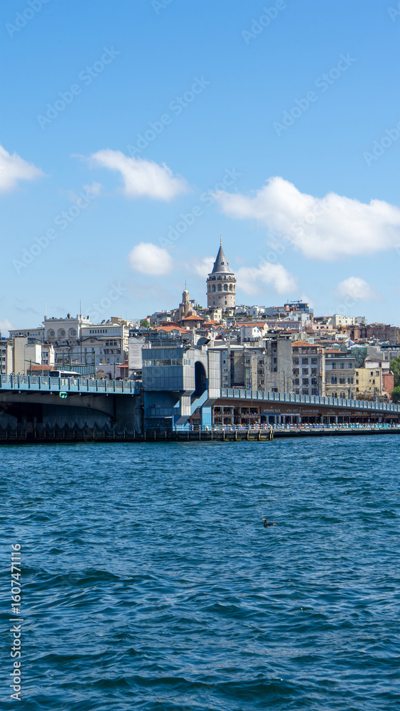 Obraz premium View of city of Istanbul, Galata Tower and Galata Bridge from opposite shore of Bosphorus Strait, Sea of Marmara, Turkey. Vertical image