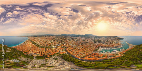 Fototapeta Naklejka Na Ścianę i Meble -  Aerial view of sunset over Nice, France - high-resolution spherical equirectangular 360°x180° panorama for VR (2:1)
