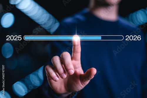 2025 to 2026 Progress Bar, Man Touching Screen | Business Growth, Target Achievement, Forward