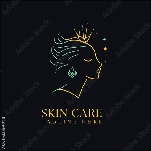 Skincare, Beauty & Spa Logo – Female Face in Side Pose with Crown (Creative Marks .EPS Template)