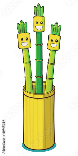 Cartoon Bamboo Stalks in a Yellow Pot on transparent background
