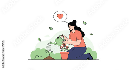 Woman caring for plants with love and dedication a beautiful illustration of nurturing growth and developing a green thumb at home