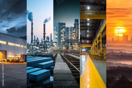 Collage of industrial factories and warehouses. Illustration of global international trade and commerce