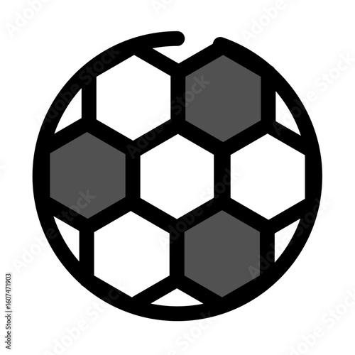 A modern and simple soccer ball icon features a classic pattern of alternating white and gray hexagons, encircled by a bold black outline.