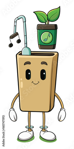 Cute Cartoon Plant Pot Character with Music on transparent background