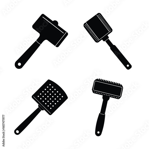 Kitchen Tools Silhouettes – Meat Tenderizer and Mallet Icon Set, Black Vector Collection of Kitchen Utensils Isolated on White Background